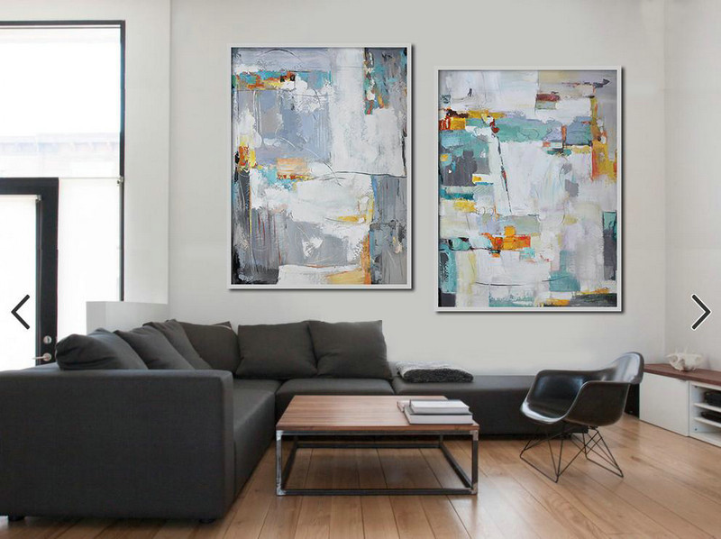 Large Abstract Painting Canvas Art,Set Of 2 Contemporary Art On Canvas,Giant Canvas Wall Art,Grey,Blue,White,Yellow,Sky Blue.etc